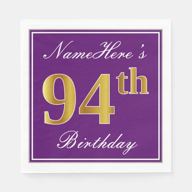 Serviette En Papier Elégant violet, Faux Or 94ème anniversaire + Nom (Devant)