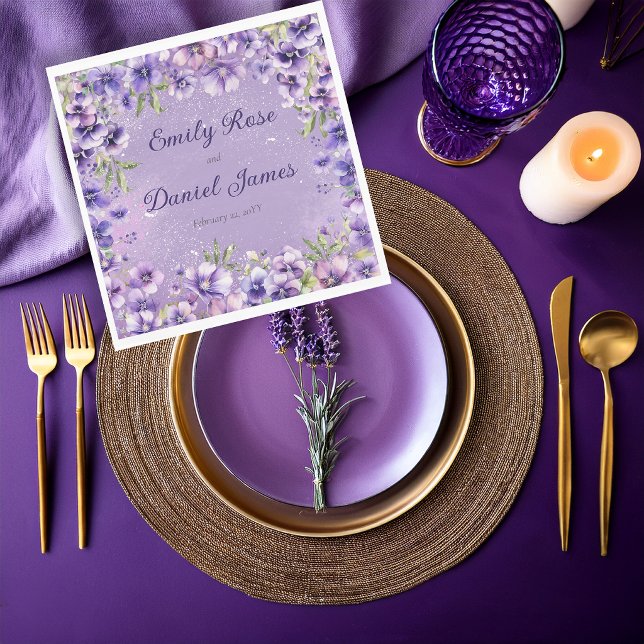 Serviette En Papier Elegant Violet Floral Wedding (Elegant violet florals add a refined botanical touch to wedding reception details.)