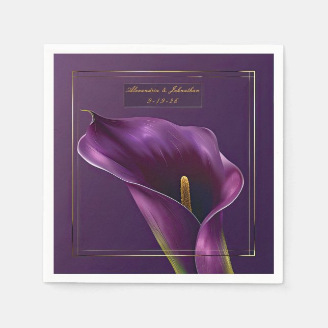 Serviette En Papier Elegant Violet & Gold Calla Lily Wedding (Devant)