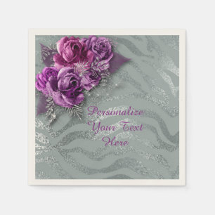 Serviette En Papier Elégant violet Roses Parties scintillant argent Pe