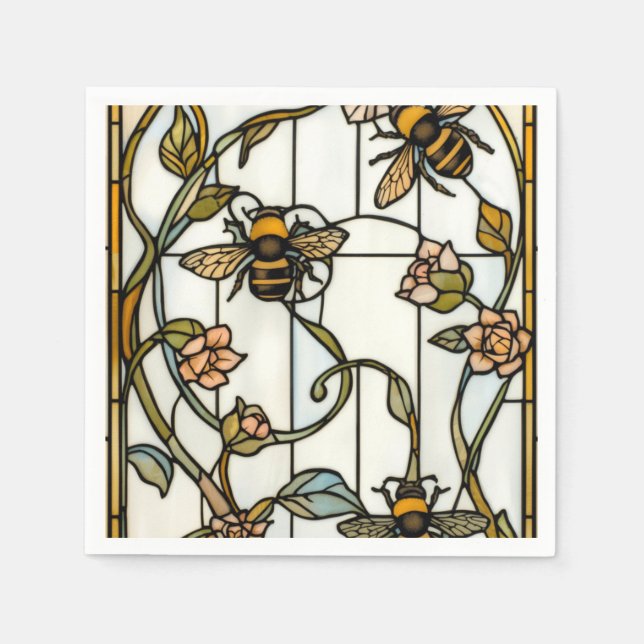 Serviette En Papier Élégant vitrail botanique art nouveau avec abeille (Devant)