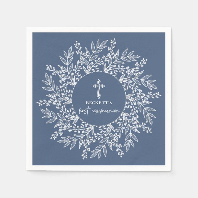 Serviette En Papier Elegant Wreath and Cross Blue Boy First Communion (Devant)