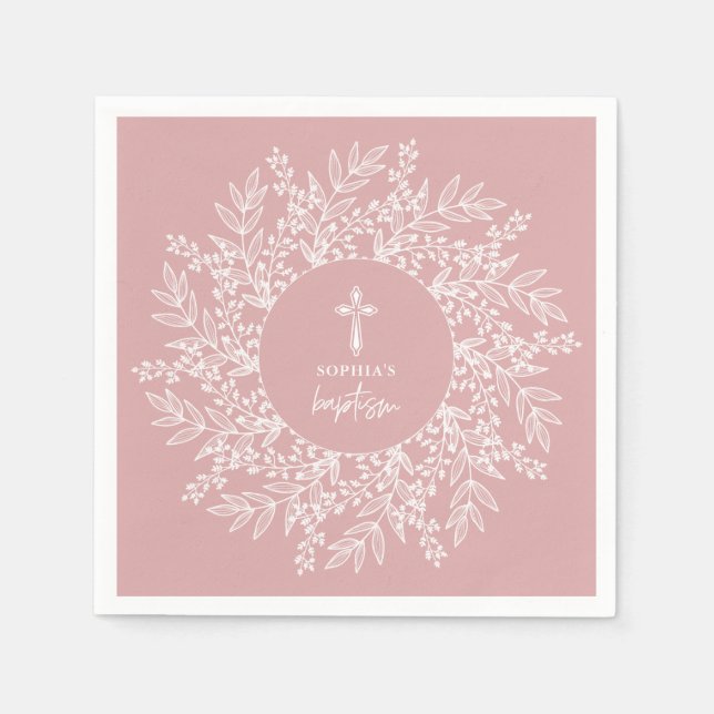 Serviette En Papier Elegant Wreath and Cross Pink Girl Baptism (Devant)