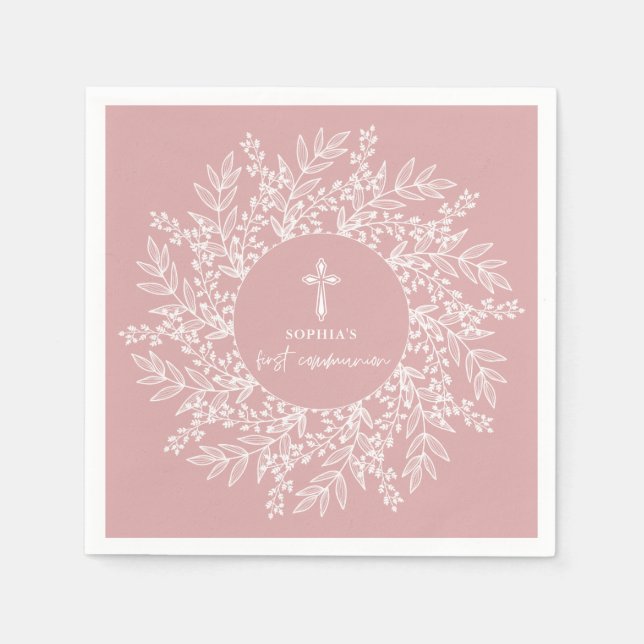 Serviette En Papier Elegant Wreath and Cross Pink Girl First Communion (Devant)
