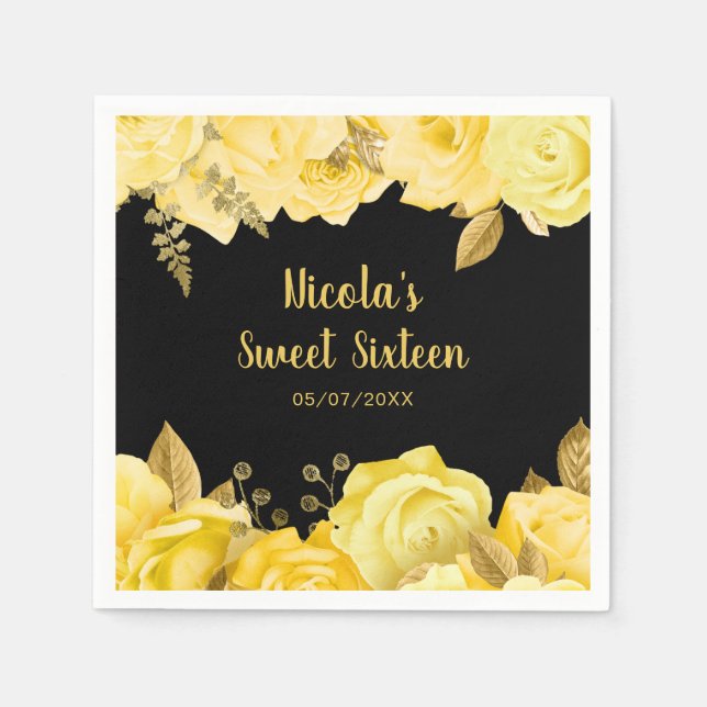 Serviette En Papier Elegant Yellow and Gold Flowers Sweet Sixteen (Devant)