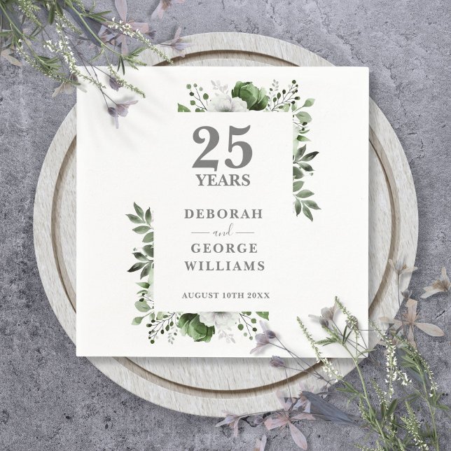 Serviette En Papier Élégante Anniversaire de Mariage 25 Ans Floral Vég (Elegant Greenery Floral 25th Wedding Anniversary Napkins)