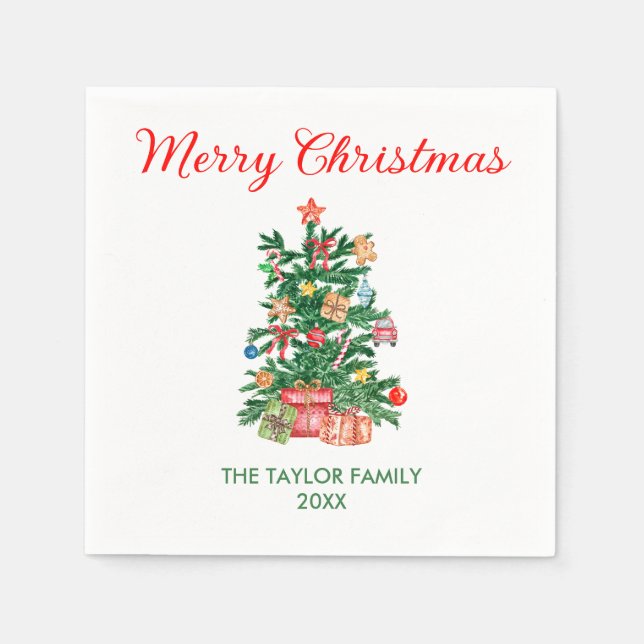 Serviette En Papier Elégante aquarelle Arbre de Noël Ornements & Cadea (Devant)