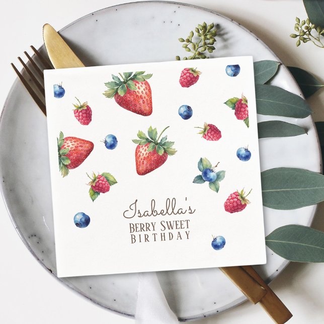 Serviette En Papier Elégante aquarelle bébé fille Berry premier annive (Créateur téléchargé)