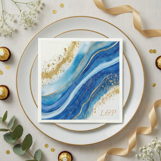 Serviette En Papier Elégante aquarelle bleu et or Monogram Napkin (Elegant Blue and Gold watercolor Monogram Napkin.)