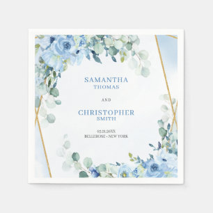 Serviette En Papier Elégante aquarelle bleu poussiéreux cadre or flora