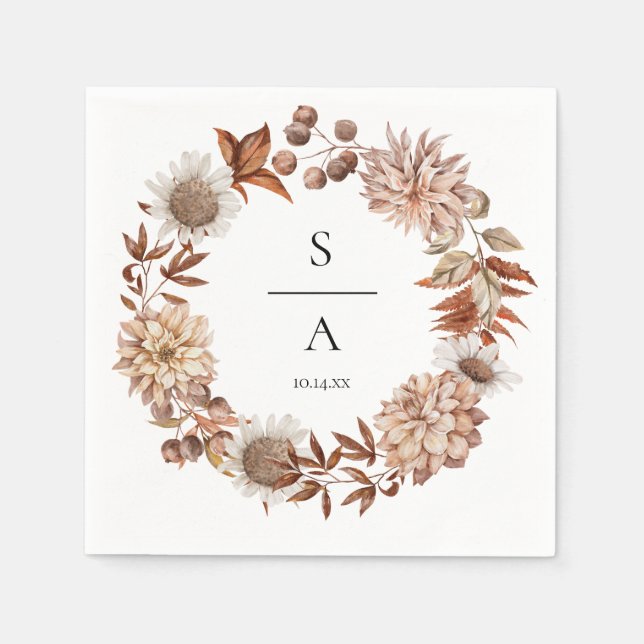 Serviette En Papier Elégante aquarelle Burnt Orange Floral Mariage (Devant)