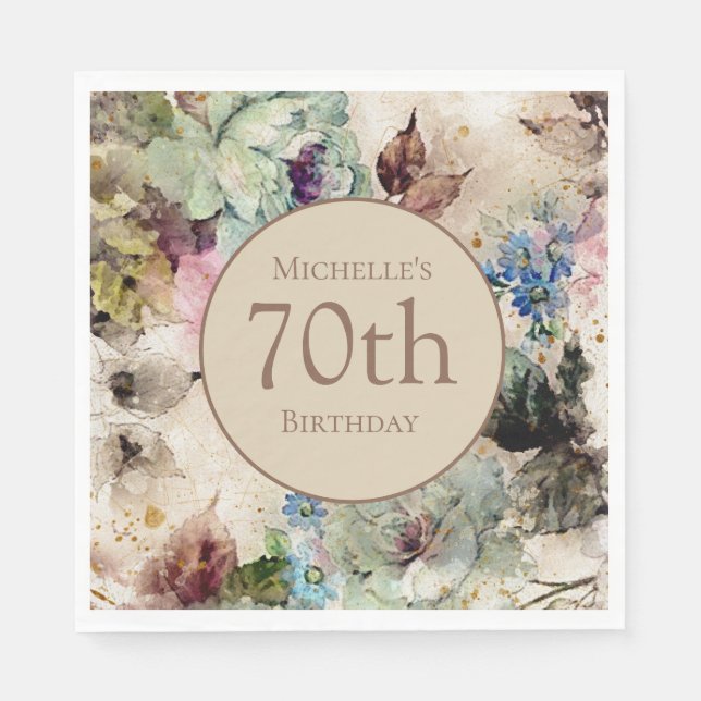 Serviette En Papier Elégante aquarelle Florale 70e anniversaire (Devant)