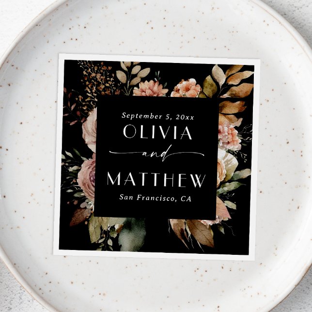 Serviette En Papier Elégante aquarelle noir chute mariage de fleurs bo (Créateur téléchargé)