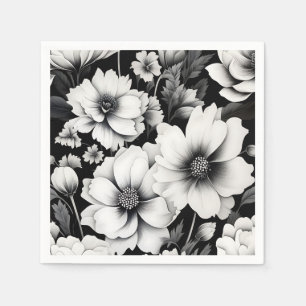 Serviette En Papier Elégante aquarelle noire et blanche Floral