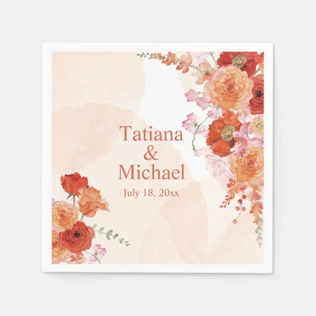 Serviette En Papier élégante aquarelle orangée fleurs mariage (Devant)