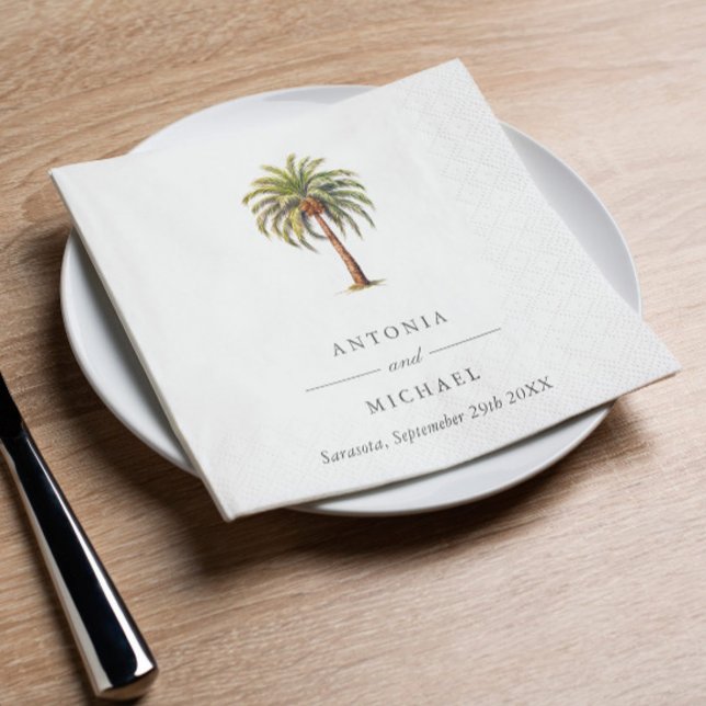 Serviette En Papier Elégante aquarelle palmier tropical Monogramme (Elegant tropical Exotic palm tree in watercolor style wedding napkins. For bridal shower, engagement)