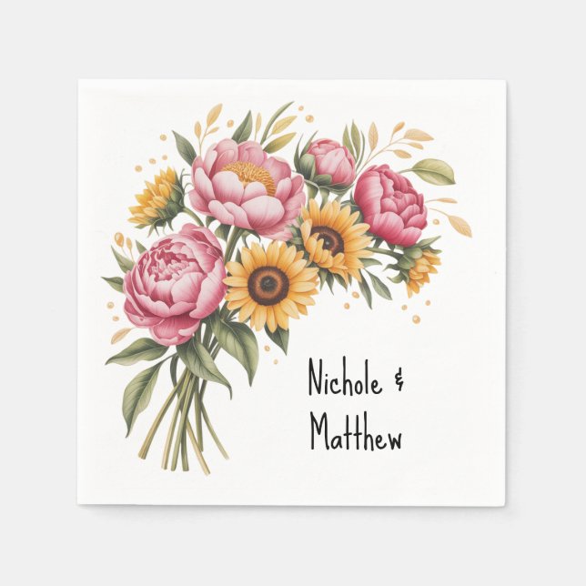 Serviette En Papier Elégante aquarelle Peony Bouquet Mariage (Devant)