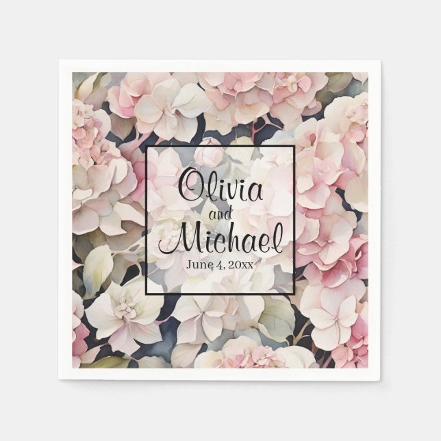 Serviette En Papier Elégante aquarelle rose hydrangées florales (Devant)