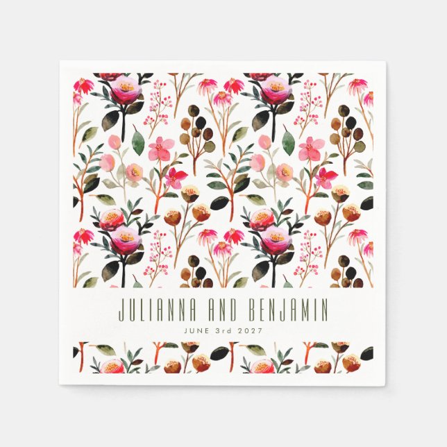 Serviette En Papier Elégante aquarelle rose verdure Mariage personnali (Devant)