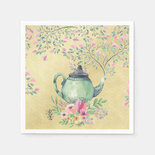 Serviette En Papier Elégante Aquarelle Teapot et Fleurs Or