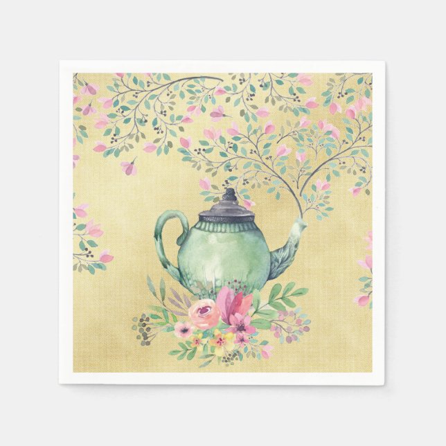 Serviette En Papier Elégante Aquarelle Teapot et Fleurs Or (Devant)