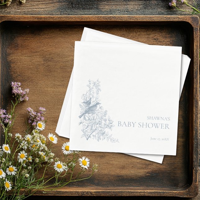 Serviette En Papier Élégante Baby Shower à motifs de chinoiserie bleus (Elegant Blue Chinoiserie Nature Birds Baby Shower Napkins)