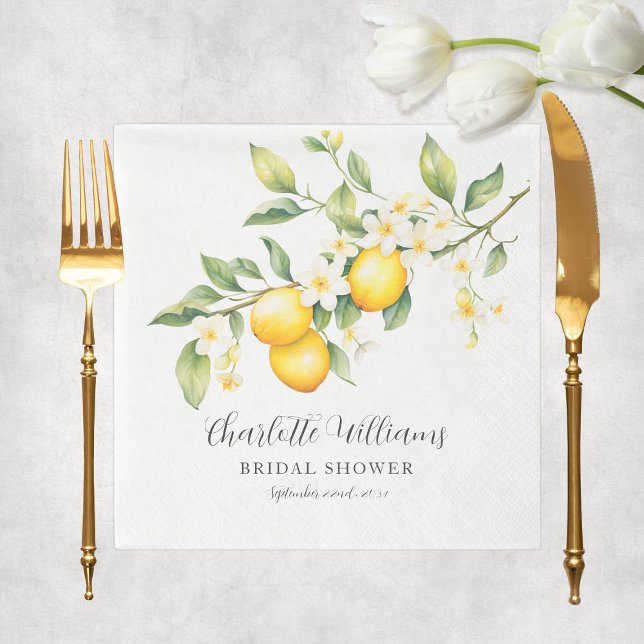 Serviette En Papier Élégante Baby Shower au Citron Aquarelle (Elegant Watercolor Lemon Bridal Shower Napkins
)