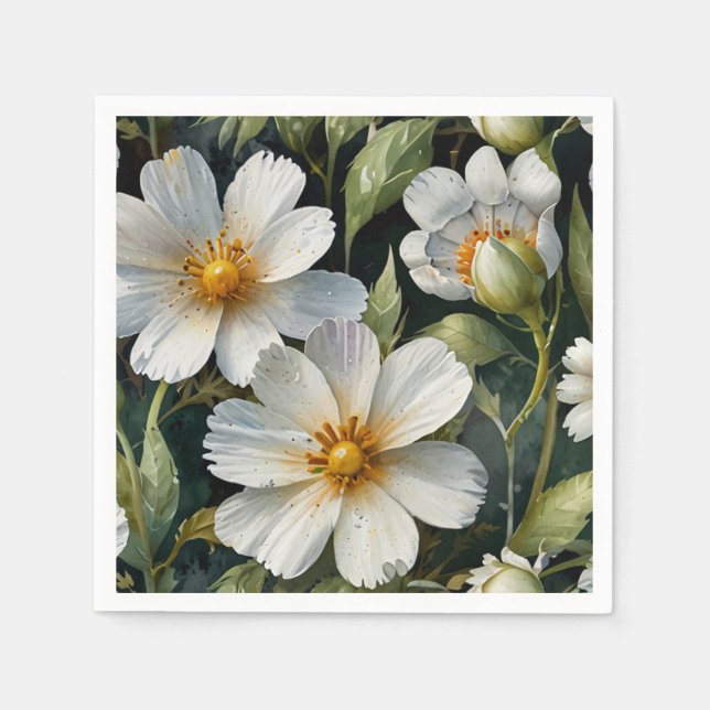 Serviette En Papier Elégante Belle Fleurs Blanches Aquarelle Chic (Devant)