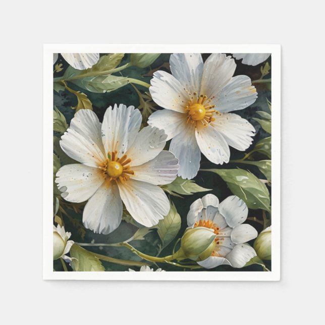 Serviette En Papier Elégante Belle Fleurs Blanches Aquarelle Chic (Devant)