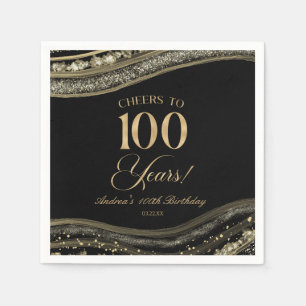 Serviette En Papier Elégante Black Gold Agate 100e fête d'anniversaire
