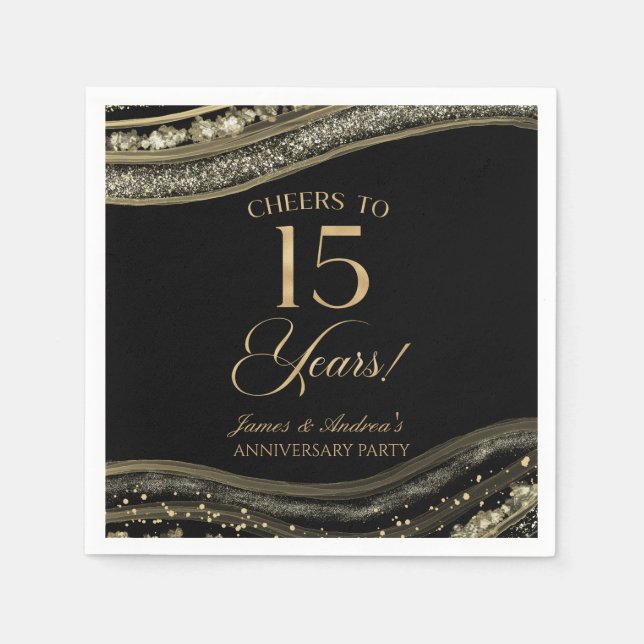 Serviette En Papier Élégante Black Gold Agate 15e anniversaire fête (Devant)