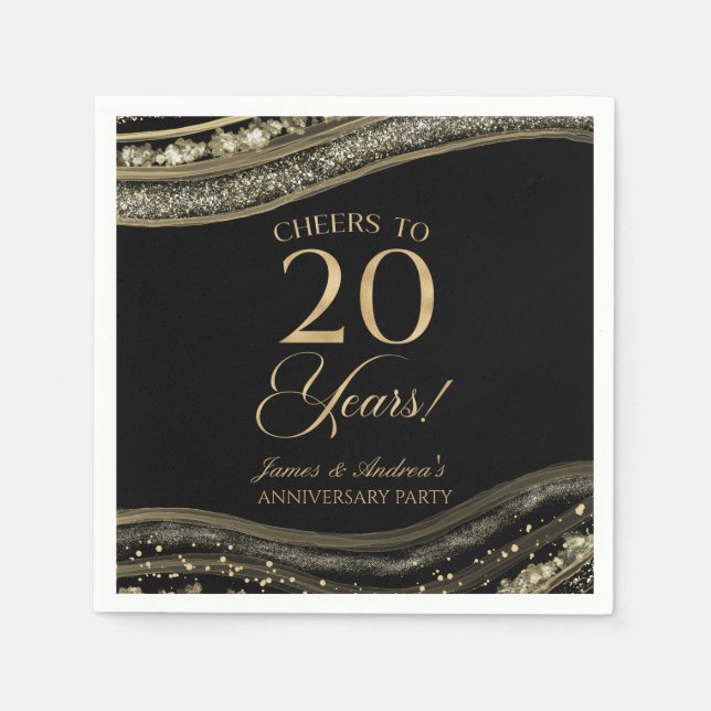 Serviette En Papier Élégante Black Gold Agate 20e anniversaire fête (Devant)