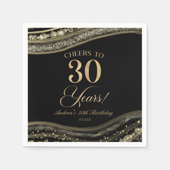 Serviette En Papier Elégante Black Gold Agate 30e fête d'anniversaire (Devant)