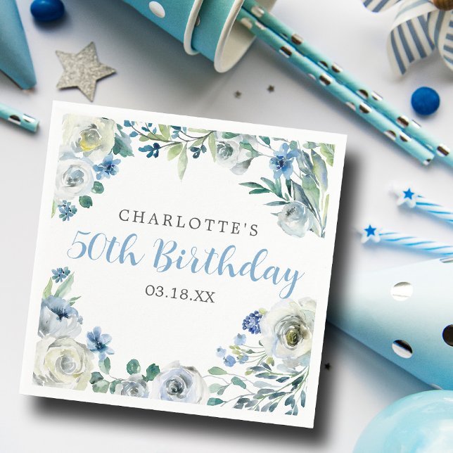 Serviette En Papier Elégante Blue Blanc Floral Personnalisé Anniversai (Créateur téléchargé)