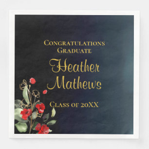 Serviette En Papier Élégante Blue Gold Red Floral Graduation Party