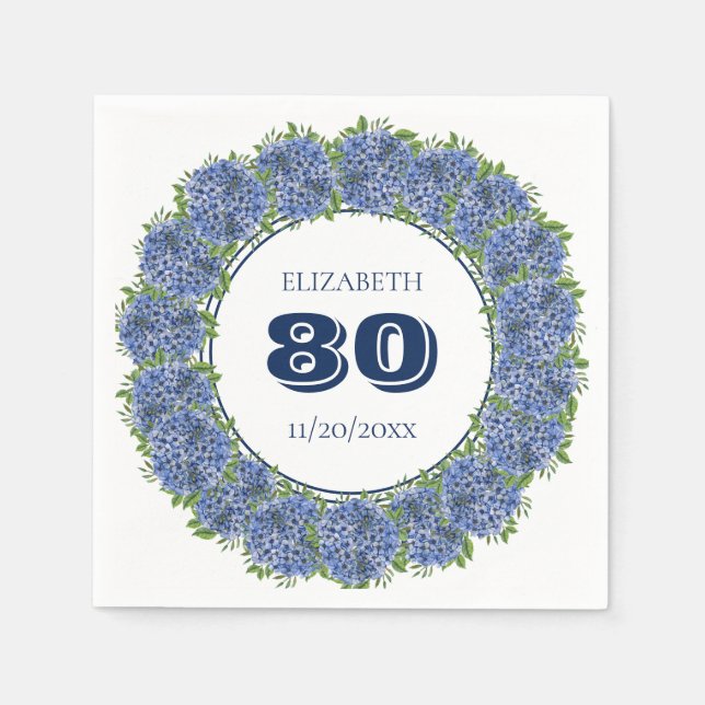 Serviette En Papier Elégante Blue Hydrangeas fête de 80e anniversaire (Devant)