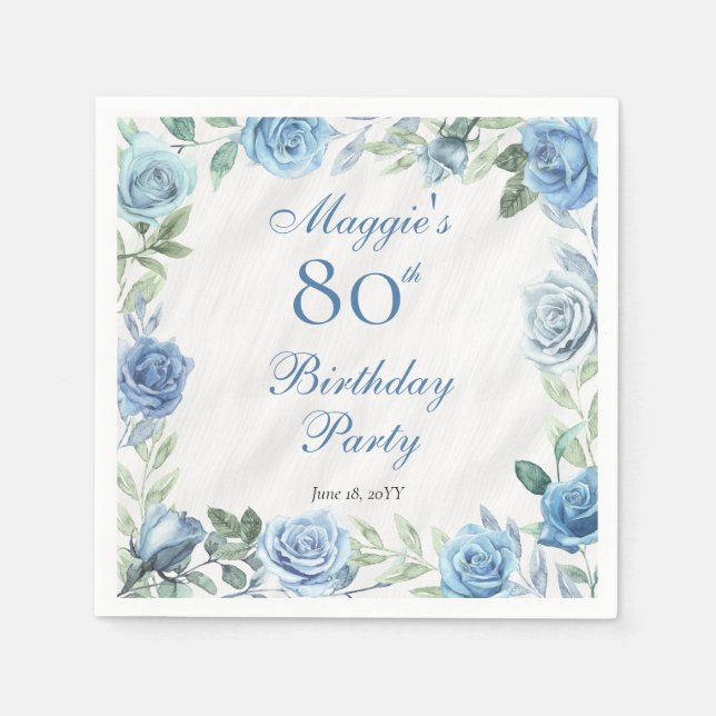 Serviette En Papier Elégante Blue Rose Floral Frame 80e Anniversaire (Devant)