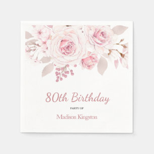 Serviette En Papier Elégante Blush Rose Floral 80e fête d'anniversaire