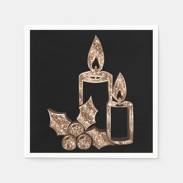 Serviette En Papier Élégante bougie Holly Faux Diamants d'or Noël (Devant)