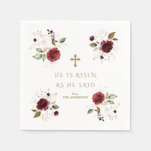 Serviette En Papier Elégante Bourgogne Fleurs Or Il Est Ressuscité Pâq