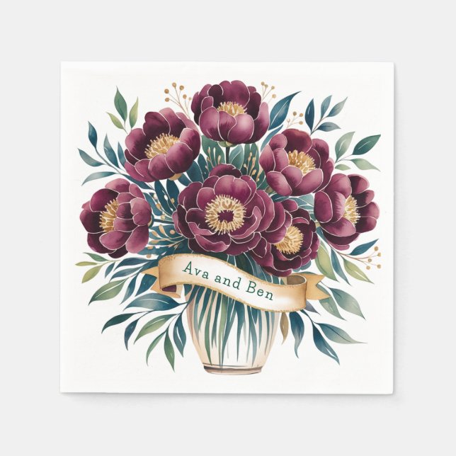 Serviette En Papier Elégante Bourgogne & pivoine d'émeraude avec accen (Devant)