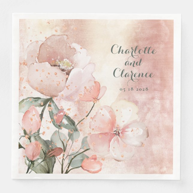 Serviette En Papier Elégante Brosse Peach Peony Et Mariage Or Rose (Devant)