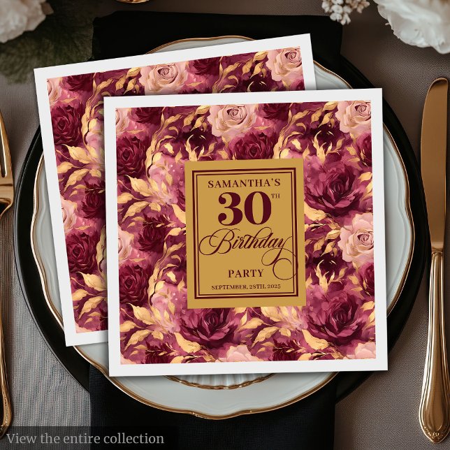 Serviette En Papier Elégante Burgundy Blush Gold 30e Anniversaire Napk (Elegant Burgundy Blush Gold 30th Birthday Napkins)