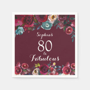 Serviette En Papier Elégante Burgundy Navy Floral 80e Anniversaire