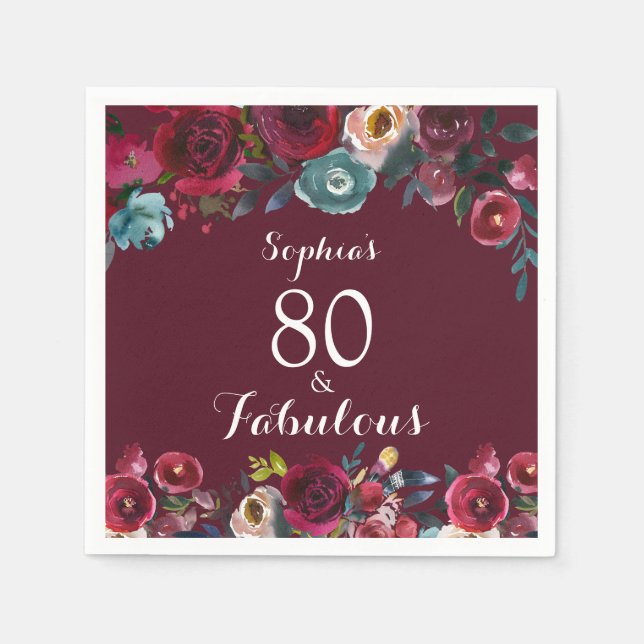 Serviette En Papier Elégante Burgundy Navy Floral 80e Anniversaire (Devant)