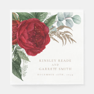 Serviette En Papier Élégante calligraphie or Rouge Floral Mariage