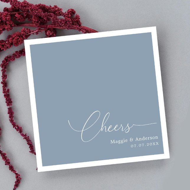 Serviette En Papier Élégante Cheers Script Dusty Blue Mariage serviett (Modern Minimalism: Celebrate with Personalized Napkins)