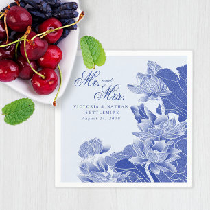 Serviette En Papier Elégante Chinoiserie Bleue M. & Mme Floral Mariage