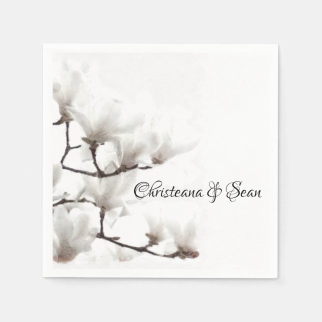 Serviette En Papier Elégante couleur florale de Magnolia noir et blanc (Devant)