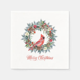 Serviette En Papier Élégante couronne de Noël Joyeux Cardinal Rouge